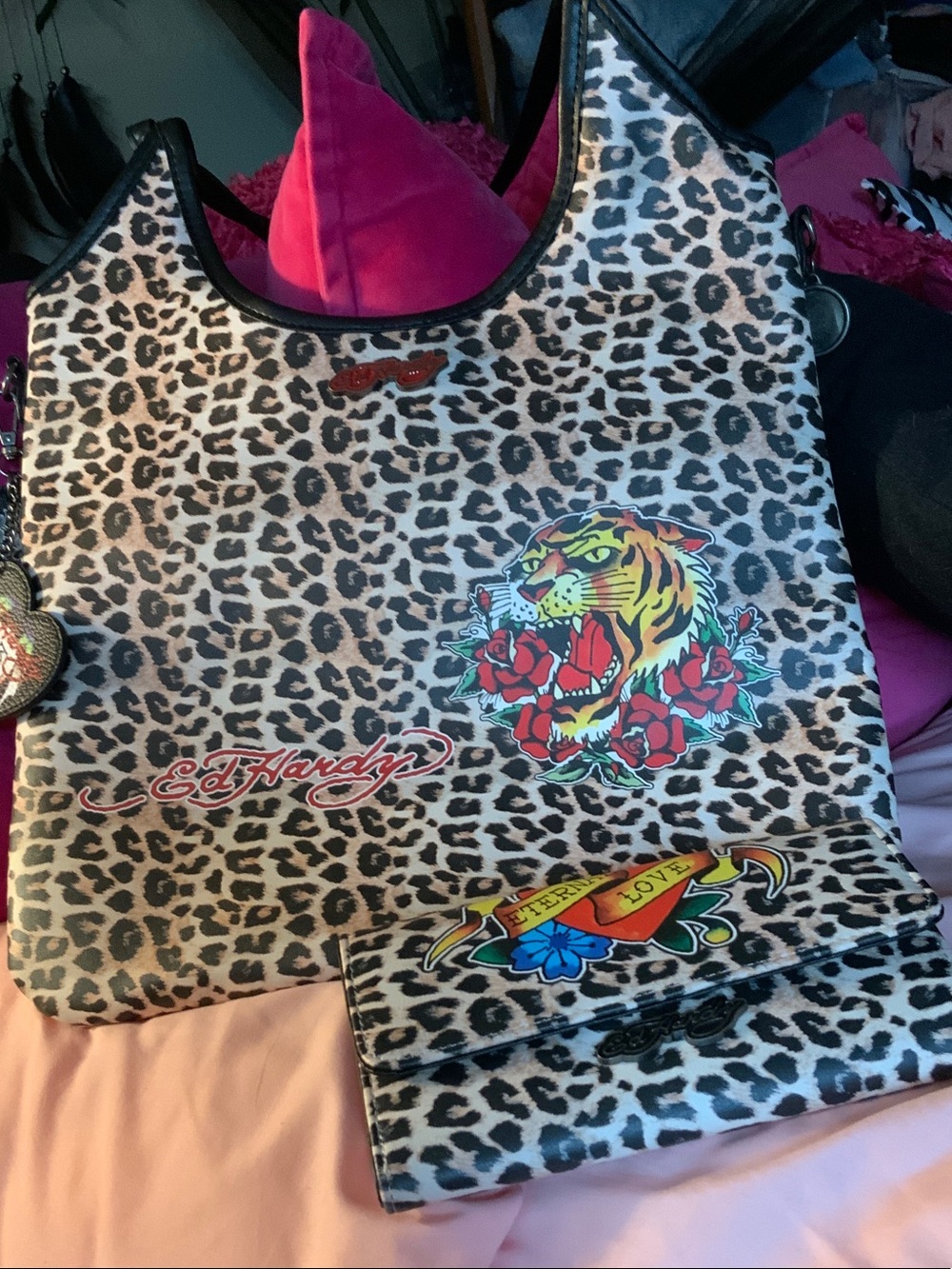 Ed Hardy Leopard Print Shoulder Bag with Tiger & Rose Graphic with wallet